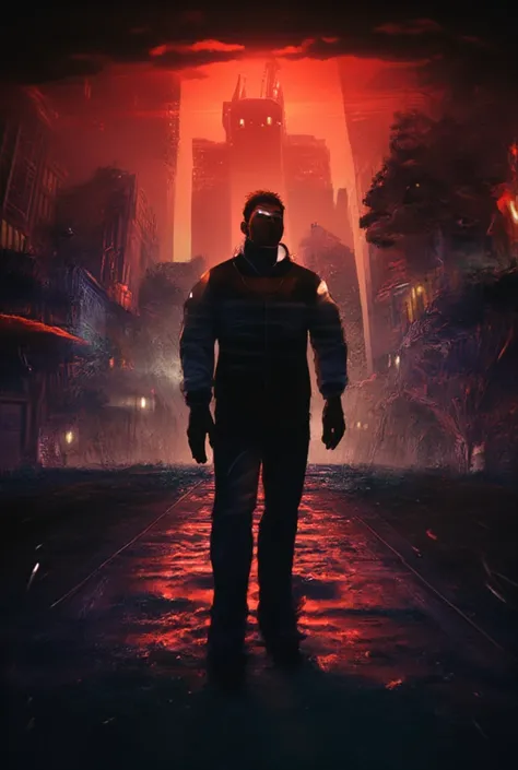  Create a cover for a computer game considering the following aspects :

1 - There must be a man on the cover .
 2 - The man must be in silhouette style .
 3 - There must be a city as the background of the cover and the man must be highlighted on the front...