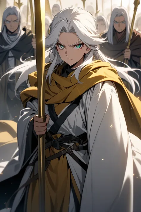 DIOS, high, strong,  beautiful, Ojos Dorados ,  use white hair, haughty look, Wear combat robes, Use a huge golden spear.