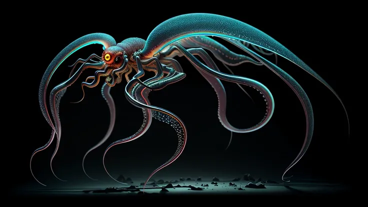  predator-like creature  ((six legs ))  living thing with transparent, luminous body, walking on all six legs , (((Squid head ))), ((The four eyes)), transparent body of a jellyfish ,  6 legs , in the  Jungle,  Jungle, Rainforest,  HD,  realistic appearanc...