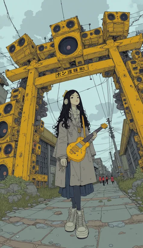  live action、Genuine、Torii made by combining speakers of various shapes、A beautiful Japanese woman is playing a yellow electric guitar in front of a torii gate、Coat model 、  headphones 、profile、 upper body、Close-up shot with a fisheye lens 、cloudy