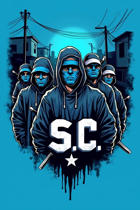  Create a logo with a background of a neighborhood with people, weapons , blue bandanas , and things that represent in a band that is the main color blue with a text that reads "S.C" Of color blue