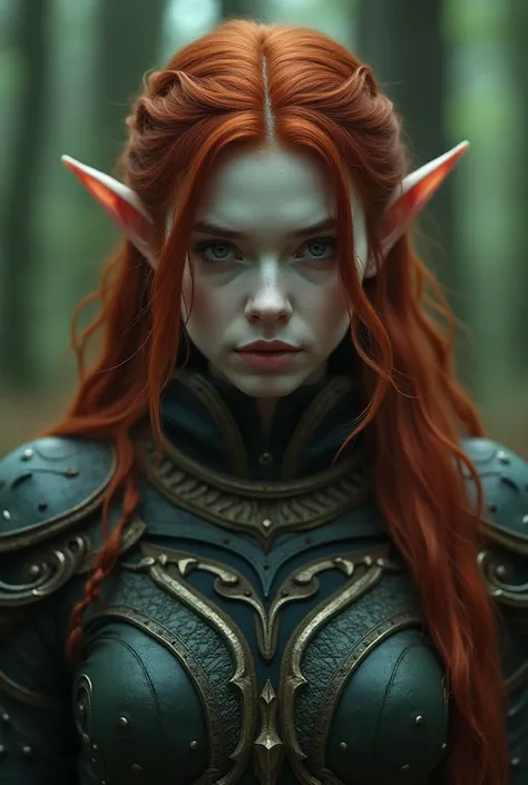 Close-up, one woman, pointed elf ears, white skin, crimson hair, closed mouth, ancient forest elven armor, combat pose, dynamic pose, complex fantasy character, NSFW, cinematic lighting, fantasy, magic, detailed background, in a dense and ancient forest, b...