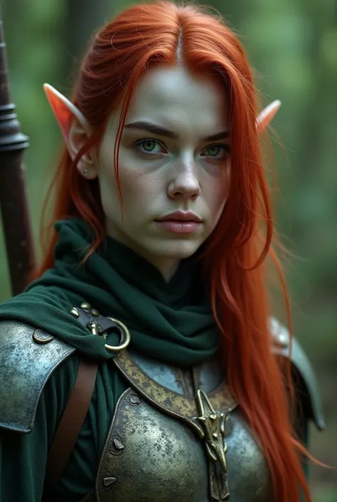 Close-up, one woman, pointed elf ears, white skin, crimson hair, closed mouth, ancient forest elven armor, combat pose, dynamic pose, complex fantasy character, NSFW, cinematic lighting, fantasy, magic, detailed background, in a dense and ancient forest, b...