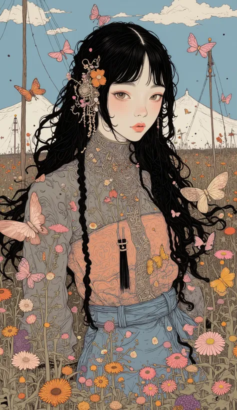  Female Oil Painting 、  black hair、 braids、 braided、 butterfly々Flutter、 Japanese、Nara Yoshitomo、Clay Mixed Media、 Japanese painting、Shin Jin-hee 、mixed media、director： Ishak Holtz 、 Circus Tent 、 Made with Dried Flowers 、 Highly Conceptualized Figurative A...