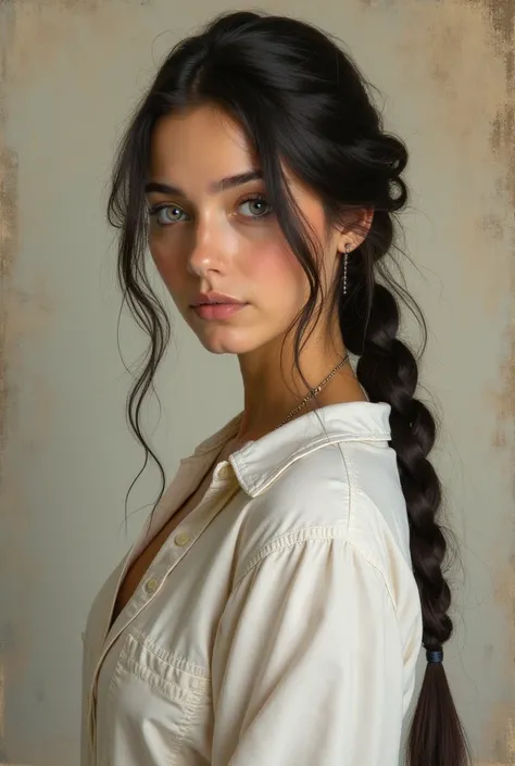 Beauty european cowgirl, one braid, black Hair, light eyes, white shirt, light skin,half body, oil painting art, side portrait, vintage art