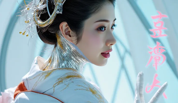  Picture of a Japanese female android in her mid-20s made of shiny white and silver translucent glass and plastic,  Geisha Makeup and Hairstyles , Silvery metal interior ,  dynamic pose with an enema,  flowing organic structure , Shiny Gold Circuit , color...