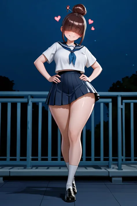 female, cute, school girl, sexy, school background, outside, dark, night, school rooftop, chocker, school uniform, bangs over eyes, school socks and shoes, massive tits, smile, hair in a bun, hair pins, ultra-wide hips, massive tits, hands on hips, hip til...