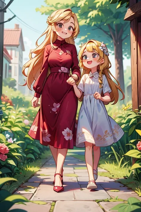 Masterpiece, best quality) 2 girls sisters blonde long hair, floral long formal dress, have a stroll, full body, smilling