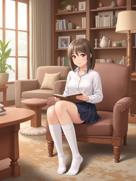   girl  、 white high socks、
uniform、 living room 、 reading a book
