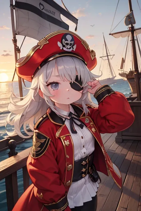 A hyper-realistic, 8K, cinematic depiction of a powerful pirate captain leaning against the railing of her ship, gazing at the vast horizon. She wears a black fitted outfit beneath a long, richly detailed red coat with gold embroidery, its fabric billowing...