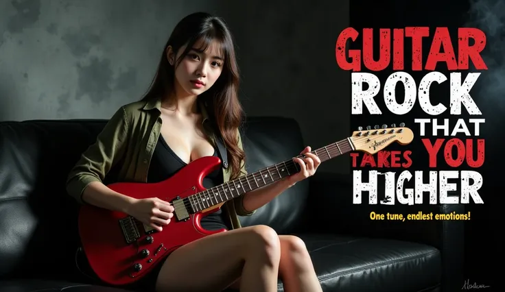 A 19 year old young Japanese woman is sitting on a black sofa and playing a red electric guitar in a dark and atmospheric setting. Her long hair is a little messy, she is wearing a casual green shirt, a black crop top and a short skirt. She is looking at t...