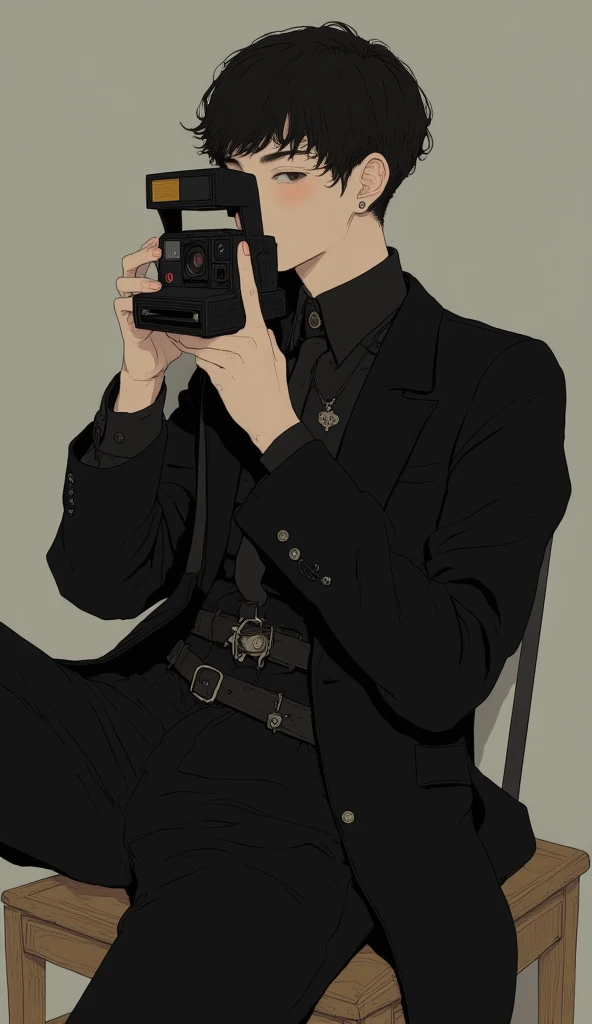  black suit 、 Japanese man、  simple background、 handsome、  black hair、 short hair、Hold up a Polaroid camera