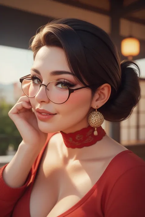 an anime of a mexican milf wearing a red shirt with long sleeves and high-neck round shape wearing glasses looking seductive and horny and blushing