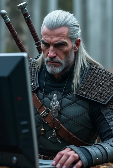 Playing The Witcher 3 from the computer, Geralt of Rivia, whose face is the same as in the games, with a silver and steel sword hanging around his neck with a wolf medallion hanging around his neck, wearing his classic armor, with a background of trees in ...