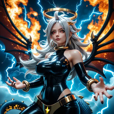 (((majin android 21))), propotional body, ((Gorgeous)), (((Asia young girl face))), ((demon Horns)), ((Black Gear halo)), ((Lightning Power)), ((Electricity)), ((Fire Background)), ((Lightning Storm)), ((Power Erupting)), (((Evil Power))), (((Busty))), (((...