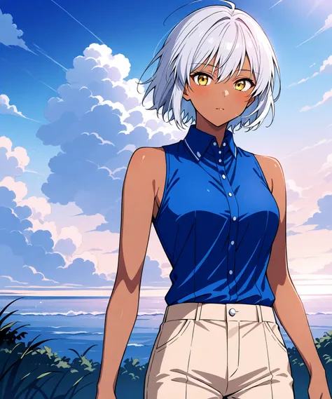 Brown skin beautiful sexy anime girl with long silver hair & yellow eyes, wearing blue sleeveless button up collared shirt & beige khaki pants, lost in a rocky landscape with cloudy skies, 1girl, solo