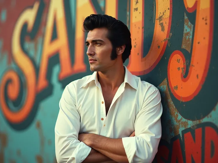 Elvis persley,wearing a white shirt, leaning in front of a mural inscribed with text ( sandy ) capital letters