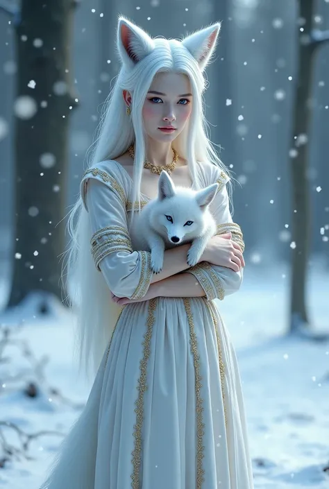 one Female, pale skin, long white hair, white fox ears, blue eyes, white fox tail, white dress with long sleeves and gold details, white fox pet in arms, forest background, snowing, nighttime