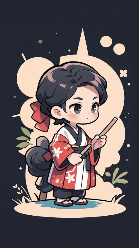 chibi, wearing Kyudo clothes, side view holding a bow, short black hair, male