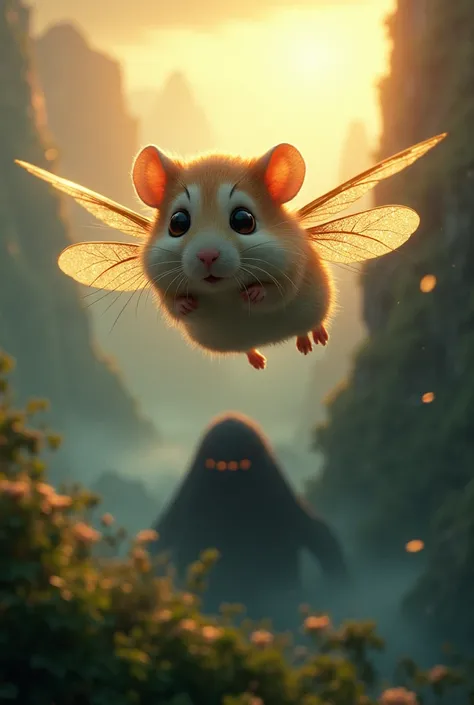  Show me a picture of a hamster with insect wings . He flies towards a bright light .  Below him is a nice little island .  There is a black monster surrounded by black fog on it