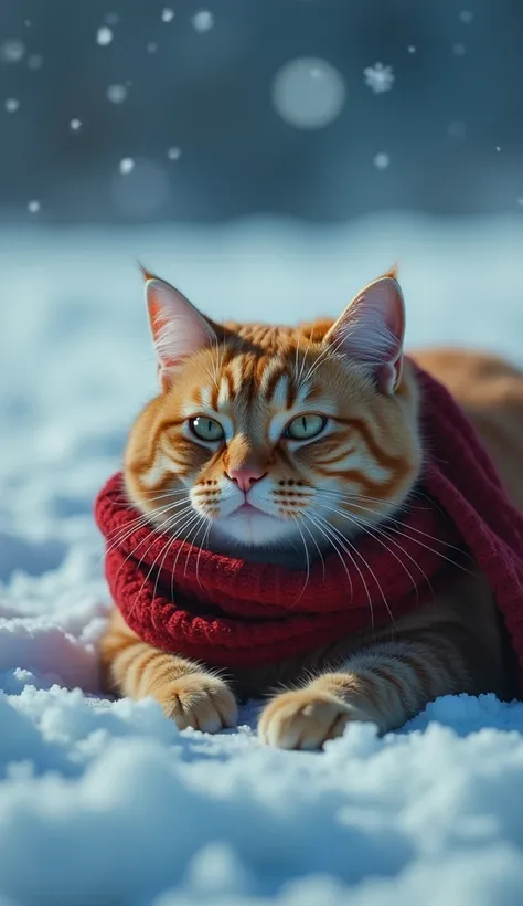 a fat orange cat, cat lying in Antarctica, crying, her eyes watery Open mouth, wearing a red scarf, is surreal, with a resolute and handsome face, a perfect body, The whole body exudes a dark atmosphere, symbolizing night and silence. The whole body, the a...