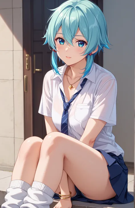  cowboy shot、shino asada、20-year-old woman、solo、 shortcuts、 aqua colored hair、 bangs between eyes、 blue eyes、 beautiful eyes、( textured skin、 white shirt、Short sleeve、 chest is visible、 cleavage、 tie、 Blue Miniskirt、 loose socks、 loafers 、 Sparkling Neckla...