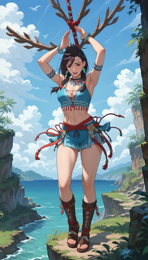  Rape, 18 year old Ayase Momo as a legendary female anime warrior with blue and black braids and tribal war paint, standing fearlessly on the edge of a cliff with the sea behind them. She smiles at the camera with her hands clasped above her head, loudly s...