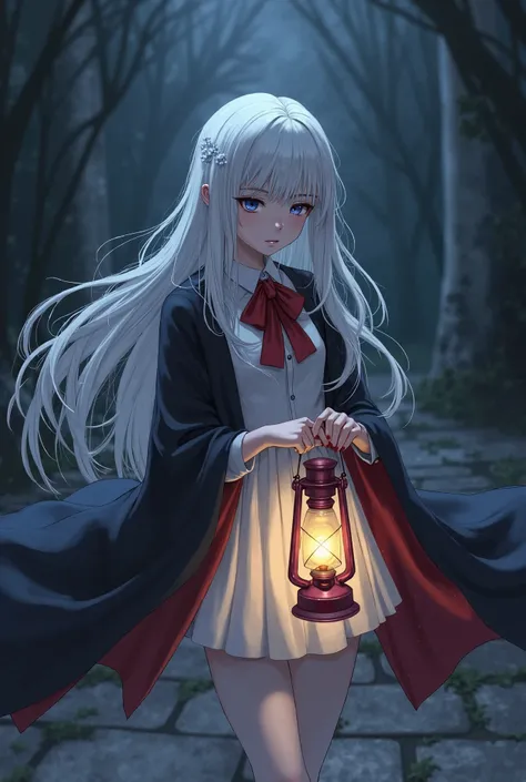  anime style,  long white haired girl,  busy with a short white skirt , red bow in front of the chest, Busy White Stockings Busy Black Robe Holding a Lantern, gloomy sad face .