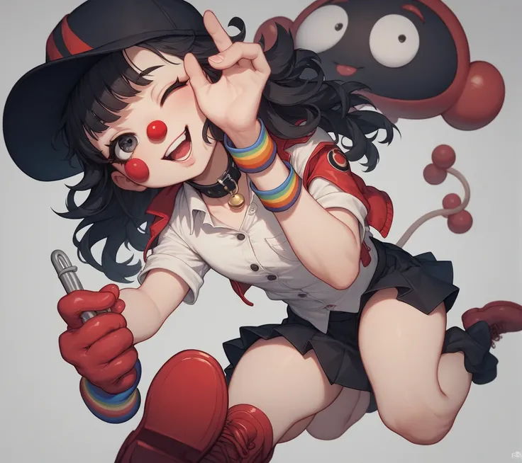  Create an image showing a female anime character , A clown,  with the right eye closed left eye in a mixed yellow and black color , a striking smiley face ,  long black hair .  He wears a black clown hat ,  a white shirt short sleeve that matches the over...