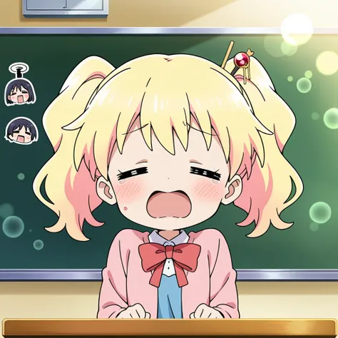 1girl, alice_cartelet, = =, rectangular_mouth, open_mouth, chibi, school_uniform, solo focus, straight-on, anime_screencap, bokeh, classroom, blackboard, masterpiece, best quality, perfect anatomy, very aesthetic, amazing quality, high resolution, ultra-de...