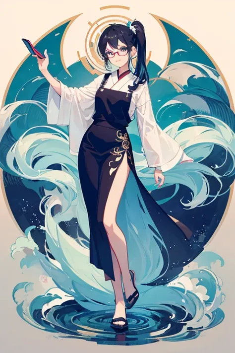 The image features a stylized graphic full body of a woman. The anime art style, characterized by exaggerated facial features and a cartoon-like depiction. The woman has dark blue hair styled into a side ponytail. She wears glasses, which are a common acce...