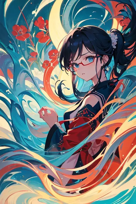 The image features a stylized graphic full body of a woman. The anime art style, characterized by exaggerated facial features and a cartoon-like depiction. The woman has dark blue hair styled into a side ponytail. She wears glasses, which are a common acce...