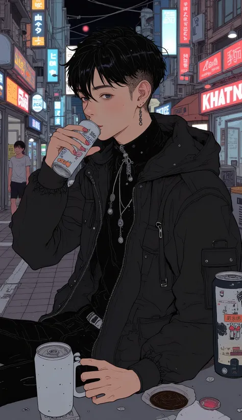 
 black sportswear、 Japanese man、 handsome、  black hair、 short hair、Messy Hair、 downtown at night、Drinking canned beer
