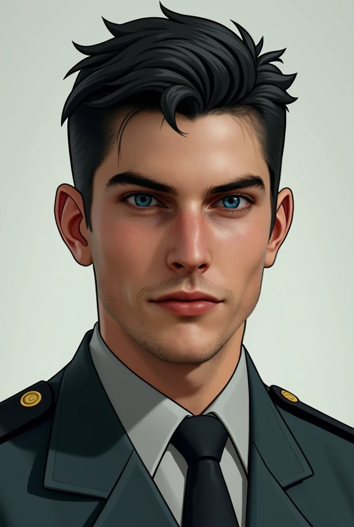 Create a character based on the provided image reference. The character is an Iranian man in his early 30s. He has striking black hair that complements his sharp features and serious demeanor. His green eyes stand out against his white skin tone, conveying...