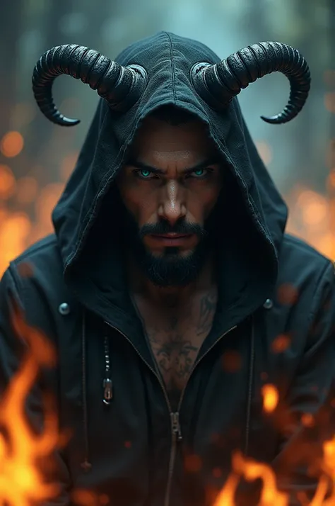  A mix of demon and death.  man. Ophegenically beautiful .  blue eyes.hood.The horns are black. there are flames around 