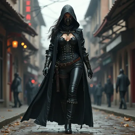  Masterpiece,  top quality,  high resolution,  1girl , Alone、 Black leather clothing 、Big Breasts、  Black Robe  、 Food 。Iron Mask on Face , Iron Gauntlet on Arms、  long pants、Iron Boots、Assassin&#39;s Outfit、 full body、Around town、