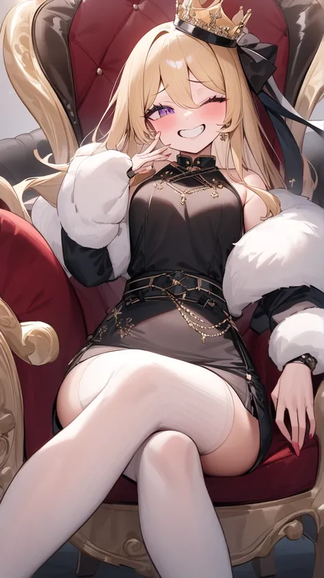 ( top quality), ( Super Detail)、Queen、Sit in a luxurious 1-person chair、Support your cheek with your hand、 cross your legs、 condescending expression、 miniskirt、 blonde long hair、 close one eye