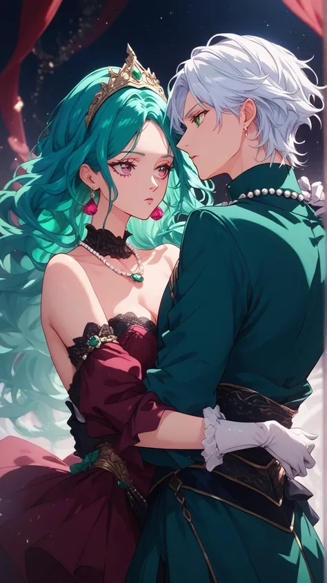 a woman with long wavy dark teal green hair, pink eyes, ballroom, dancing, white haired male prince with green eyes, white pink gown, hair tiara, pearl necklace and earrings, satin gloves, couple, male with white hair