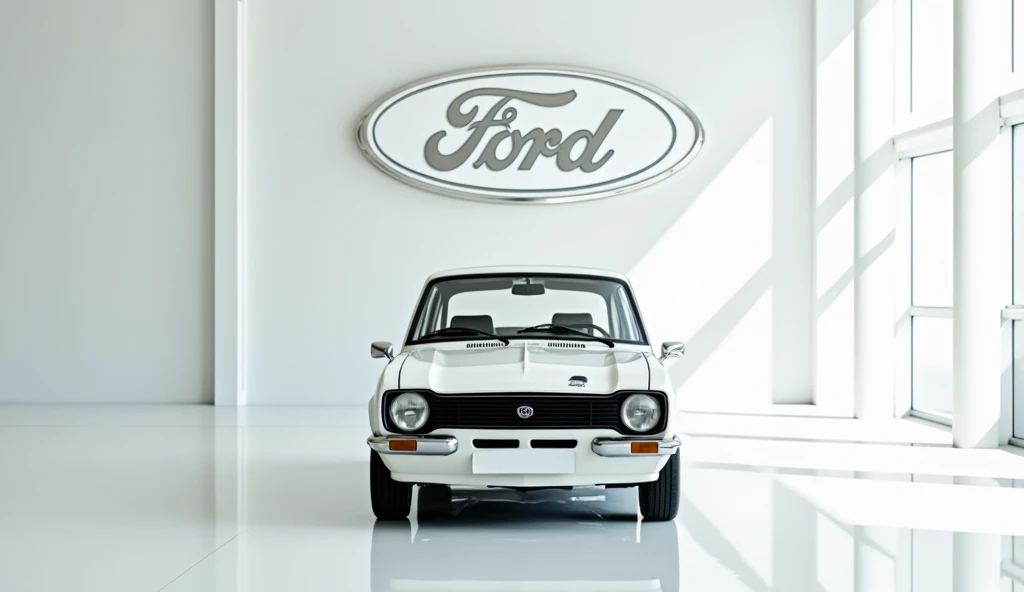 A photo of a bright   white    )     2025 Ford Escort MK1     )  in a luxurious white showroom. The car'sfront  view is fully visible. The (company) badge is prominently displayed large on the wall behind the car. The floor is spotless white.