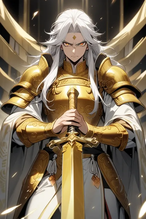 DIOS, high, strong,  beautiful, Ojos Dorados ,  use white hair, haughty look, He wears golden Chinese armor, Use a huge golden spear.