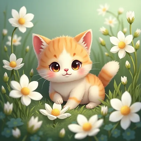 Cute cat among white flowers in the style of kati 