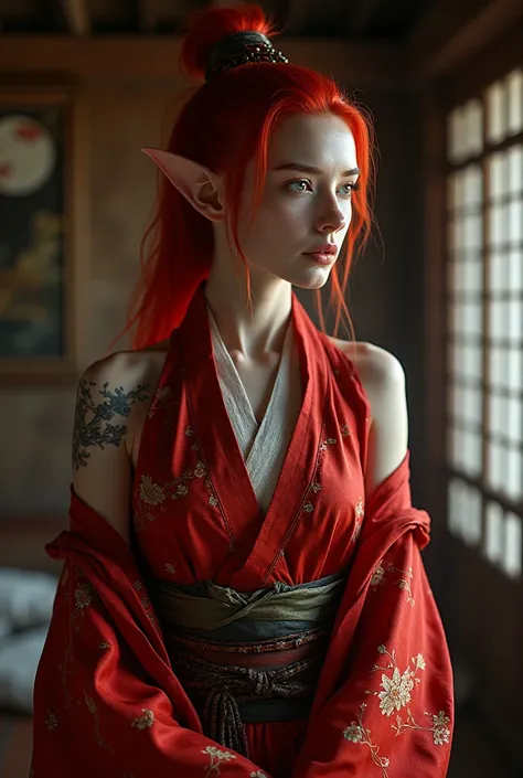 Upper body shot, European woman, European face, pointed elf ears, white skin, blood red hair, closed mouth, feudal Japanese kimono, dynamic pose, complex fantasy character, NSFW, cinematic lighting, fantasy, magic, detailed background, in a feudal Japanese...