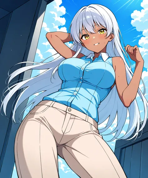 Brown skin beautiful sexy anime girl with long silver hair & yellow eyes, wearing blue sleeveless button up collared shirt & beige khaki pants, lost in a rocky landscape with cloudy skies, 1girl, solo