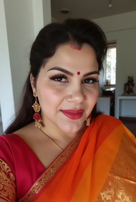 Big breast chubby Indian wife in saree taking selfie in bindi at home