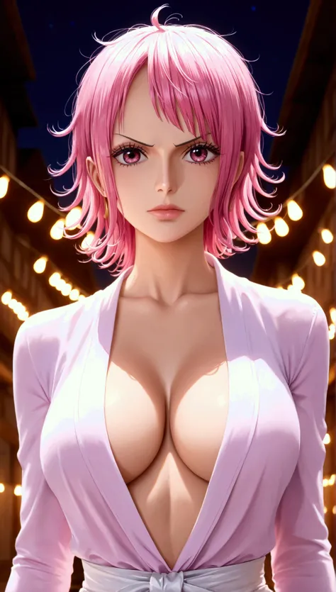 1 ,  alone,  masterpiece,  High quality cutlery,  lights, silky hair big boobs,vinsmoke reiju, one piece,  cleavage,  detailed sexy body, Serious look standing  