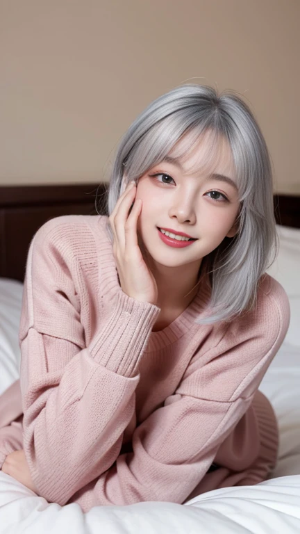  Better image quality 、 RAW Photo、 high resolution sweatshirt、21 year old Korean 、、 dynamic angle 、cowboy shot、 Chaos in its most beautiful form 、elegant、 brutalist design 、 beautiful gray hair、 vibrant colors、short bob、 smile、fun、 smile、 BRIGHT WHITE SKIN...