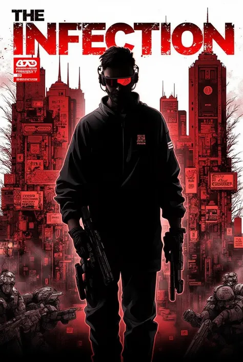  Create a cover for a computer game considering the following aspects :

1 - There must be a man on the cover .
 2 - The man must be in silhouette style .
 3 - There must be a city as the background of the cover and the man must be highlighted on the front...