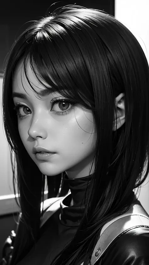  The fickleness of a woman with dark aesthetics， emphasizes complex upward flowing hair ，Mysterious atmosphere， Unique deep eyes ，Dark gaze ， Movie Viewpoint ， Detailed grayish monochrome sketch ， Balanced dark skin ， M100 inspired style 。