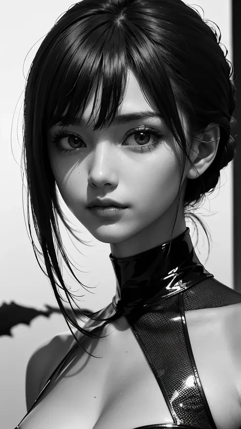  The fickleness of a woman with dark aesthetics， emphasizes complex upward flowing hair ，Mysterious atmosphere， Unique deep eyes ，Dark gaze ， Movie Viewpoint ， Detailed grayish monochrome sketch ， Balanced dark skin ， M100 inspired style 。