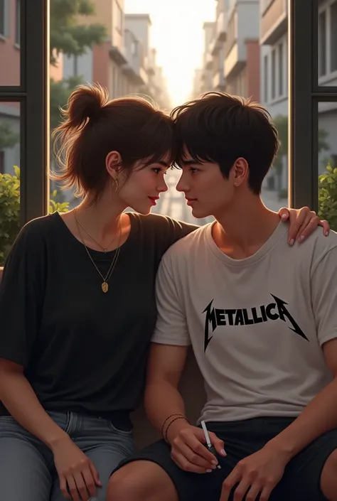 A guy and a girl sitting near a balcony, open street, smoking cigarettes. 

The girl is wearing black loose tshirt  and boy is wesring white loose metallica tshirt 